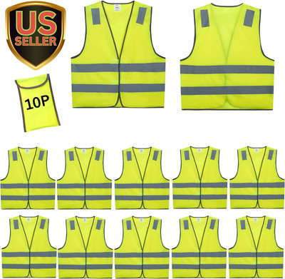 Safety Vests 10 Pack - Yellow Reflective High Visibility Construction ANSI Cl...