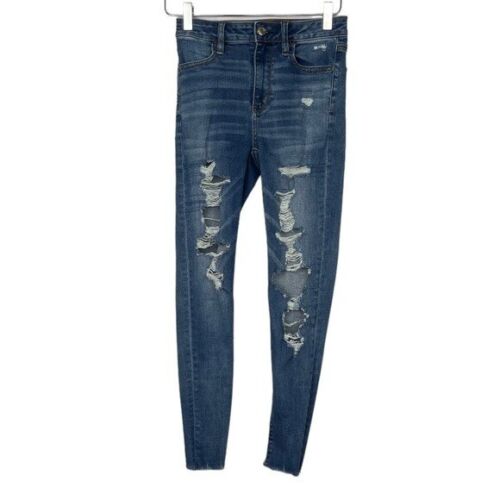 American Eagle Jeans Womens 0 Short Super Hi-Rise Jegging Distressed Blue Denim