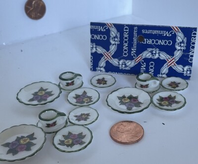 Dollhouse Miniature Concord Vintage Kitchenware Dishes, 15 Piece Set Pansy Motif