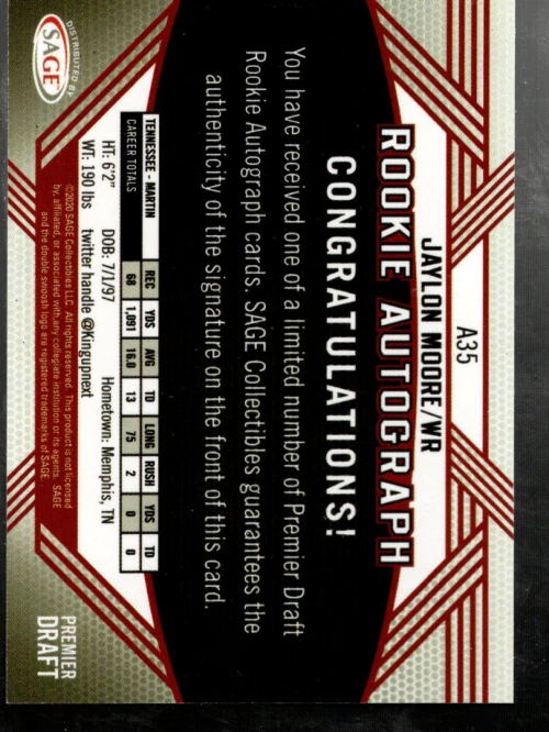 B3425- 2020 SAGE HIT Autographs Purple #A35 Jaylon Moore Auto - NM-MT - Image 2 of 2