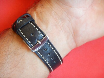 Bracelet En Cuir D'agneau Véritable 22 Mm - Marron Foncé Avec Couture Blanche, Neuf, Fabrication Française