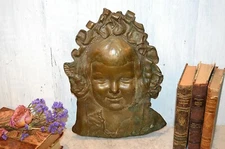 Antique French Large Bronze Cherub Face Head Wall Mount Pediment Figural Plaque
