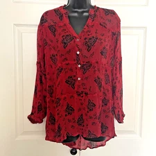 Sundance Shirt Women Small Red Black Elodie Floral Crinkle Whimsigoth Popover