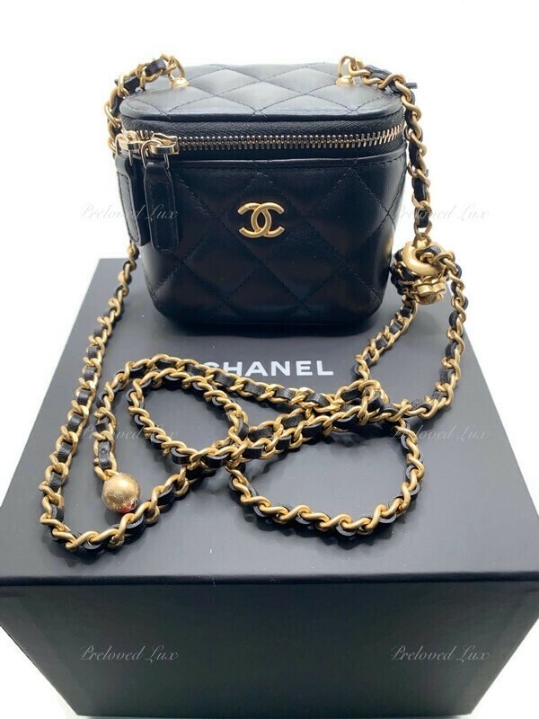 Authentic CHANEL Black Lambskin Pearl Crush Mini Vanity Case Bag