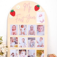 Strawberry My First Year Photo Board - One Year Old Photo Display Wood Board,...