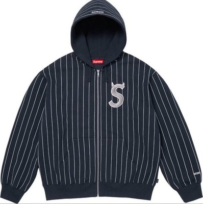 Supreme Devil S Logo Zip Up Hooded Sweatshirt Stripe Size: Large