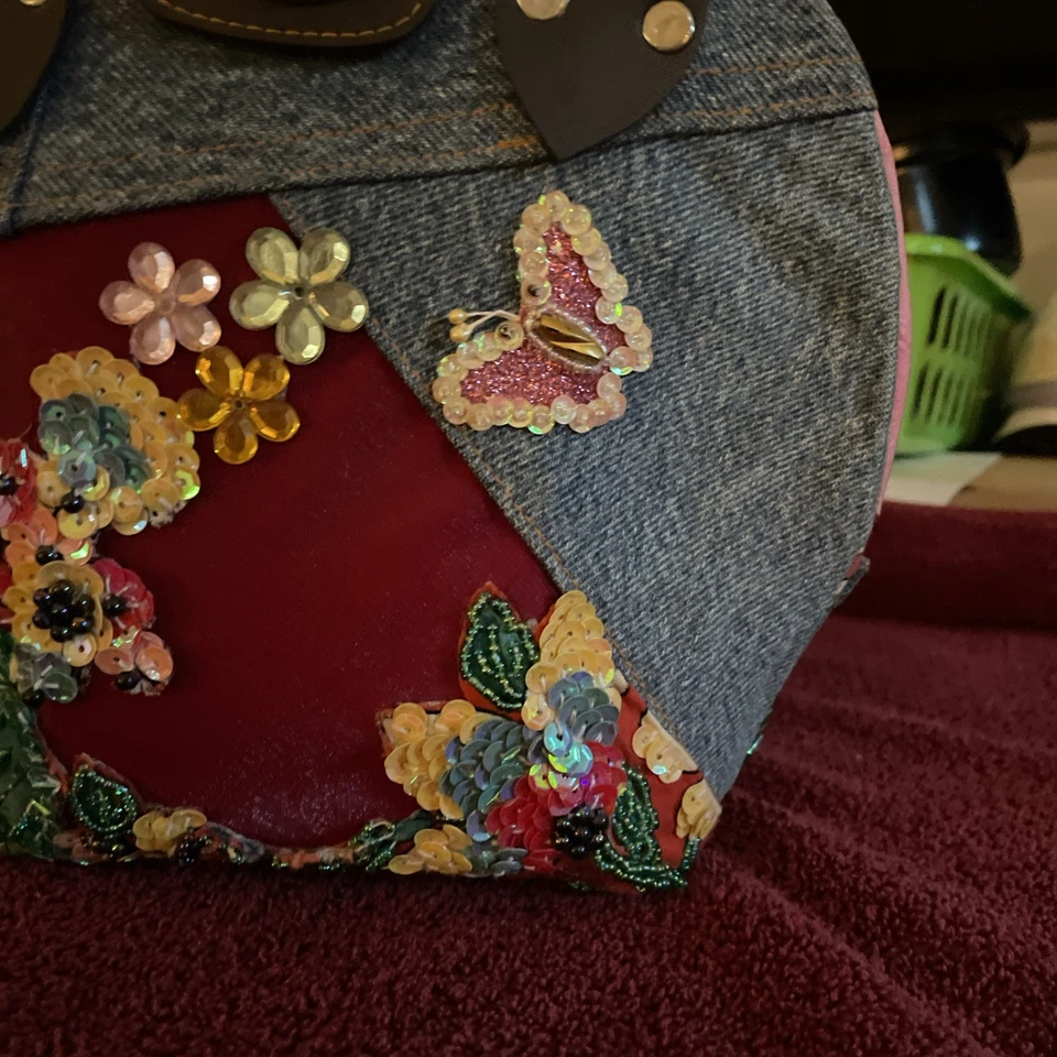 Cartera vaquera hecha a mano, asas de cuero. Único. Estrás, cuentas y lentejuelas., Foto 4 de 4