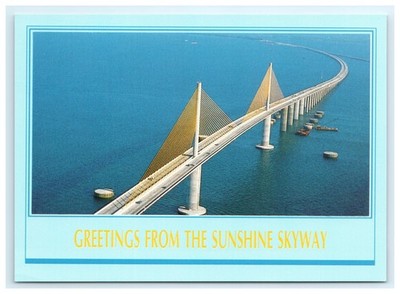 Sunshine Skyway Bridge Cable Stayed Span Aerial Greetings Tampa FL Postcard