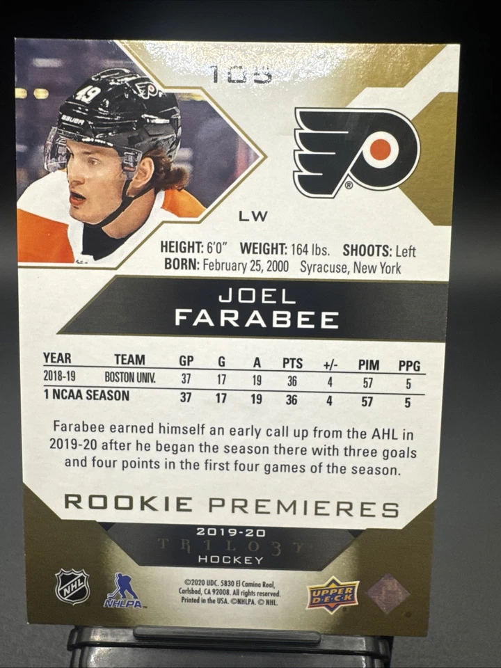 2019-20 Upper Deck Trilogy Rookie Premieres Level 2 Joel Farabee #105/499 (RC) - Image 3 of 4