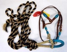 Fine Horse Tan Headstall Bridle Mecate Bosal Blue White Rawhide Showman Bitless