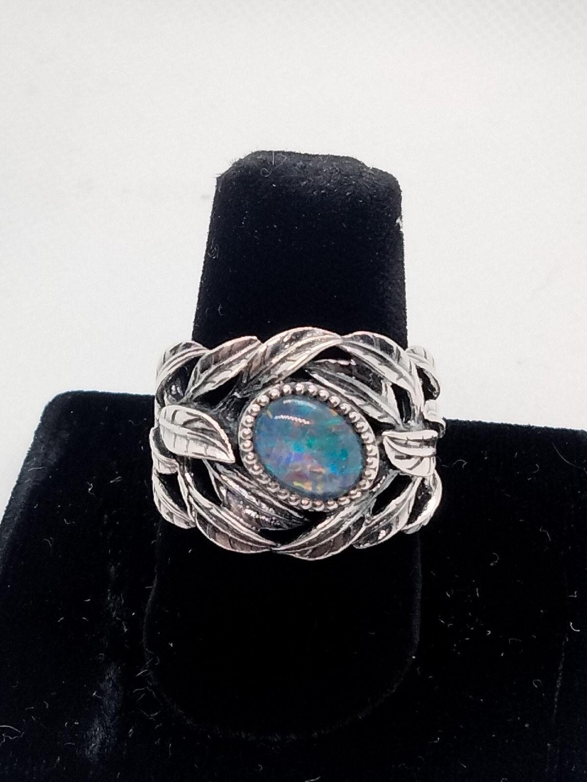 Sterling Silver Opal Leaf Pattern Ring - image 1