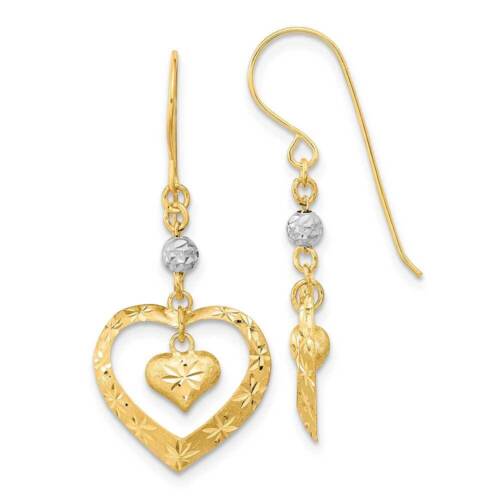 14k Gold Two-Tone Satin D/C Heart Dangle Shepherd Hook Earrings 1.42" - Picture 1 of 2