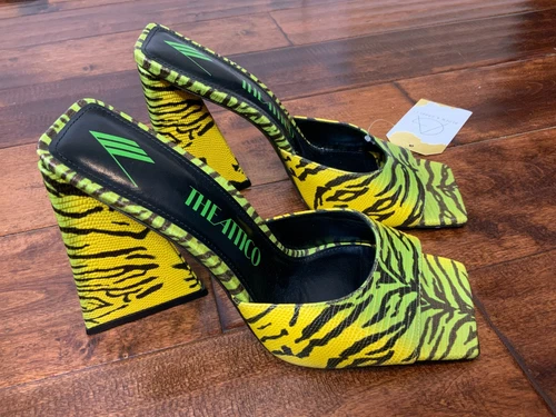 The Attico Devon Yellow Green Animal Print Square Open Toe Heels Size 11 | 41