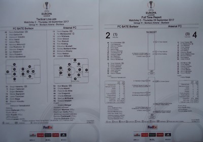 Line-ups & Full Time Report UEFA EL 2017/18 BATE Borisov - Arsenal FC 