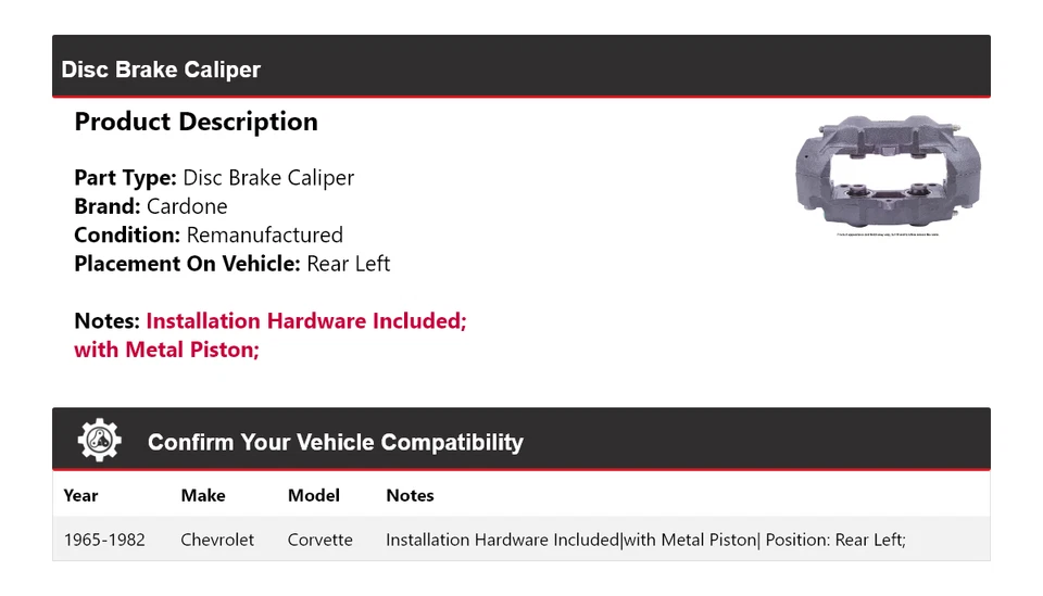 For 1965-1982 Chevrolet Corvette Disc Brake Caliper Rear Left Cardone 1966 1967 - Image 2 of 3