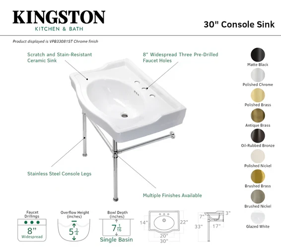Kingston Brass VPB33087ST Victorian White 30" Console Sink w Brushed Brass Legs - Image 2 of 3