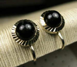 Vintage Southwestern Faux Gold Black Enamel Cabochon Clip On Stud Earrings USA