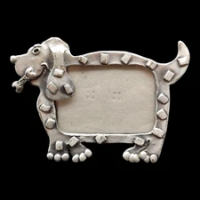 Pewter Dog w Bone Picture Frame - 2x3 Small Mini vtg 1990s Silver Gray Spotted