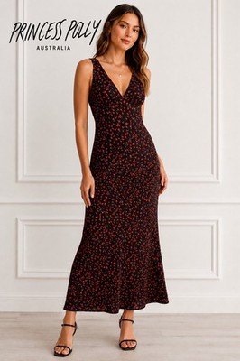 Princess Polly Nellie Maxi Slip Dress 12 Black Red Floral Western Boho Resort