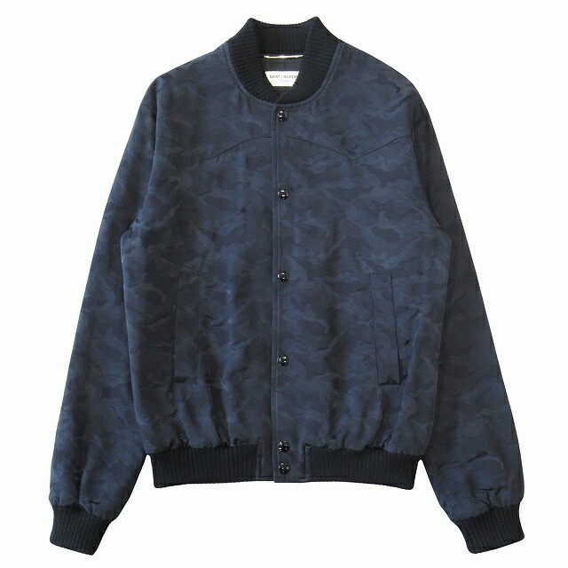 Giubbotto bomber Saint Laurent Paris cotone mimetico blu navy taglia 44