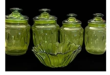 Vintage LE Smith Green Glass Canister Set w/ Lids + Bowl USA