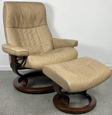 Ekornes Stressless Large CROWN "Sand" Leather Swivel Recliner Chair and Ottoman