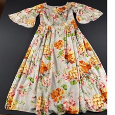 Boho Floral Bell Sleeve Maxi Dress Grey Orange Yellow Botanical Cottagecore