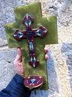 HUGE ANTIQUE BENITIER ENAMELS PARTITIONS CROSS ONYX ON BRASS PLATE RELIGION