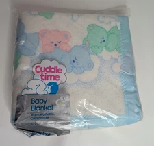 Vtg Cuddle Time Baby Blanket Sleeping Teddy Bears 36x45 Satin Edge
