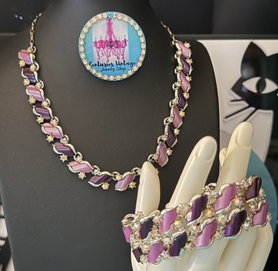 Vintage Lisner Lavender Thermoset Lucite Necklace Bracelet Set Purple Rhinestone