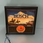 Vintage Busch Beer Lighted Sign Clock Western Cowboy Mountain Bar Decor