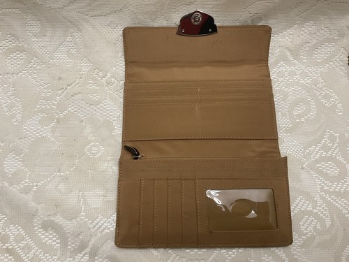 Liz Claiborne Tan Signature Fabric Tri-Fold Wallet Women Leather Trim EUC - Picture 4 of 7