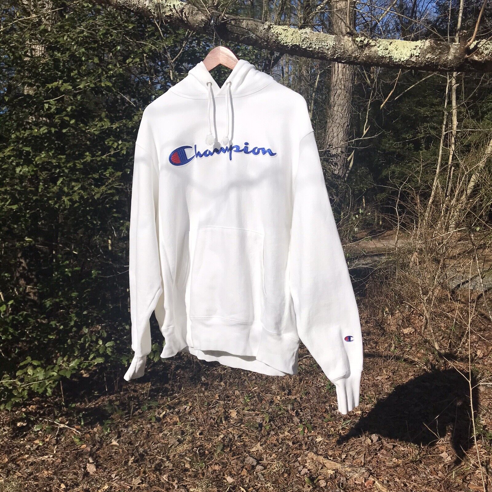 Vintage Champion Reverse Weave Logo Hoodie Sweatshirt Essential Blank White  Sz-L