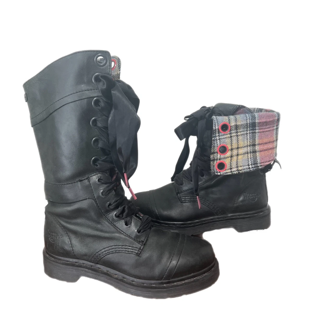 Dr. Marten s Triumph 1914 Green Leather 7 Plaid Lace Up Fold Over Combat Boot