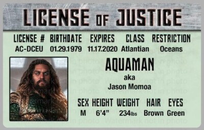 Justice League of America Aquaman Jason Momoa License Card Novelty ID