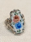 Sz 5.5 BEAUTIFUL SIGNED BEAU STERLING SILVER Hand PAINTED FLOWER ENAMEL Ring Vtg