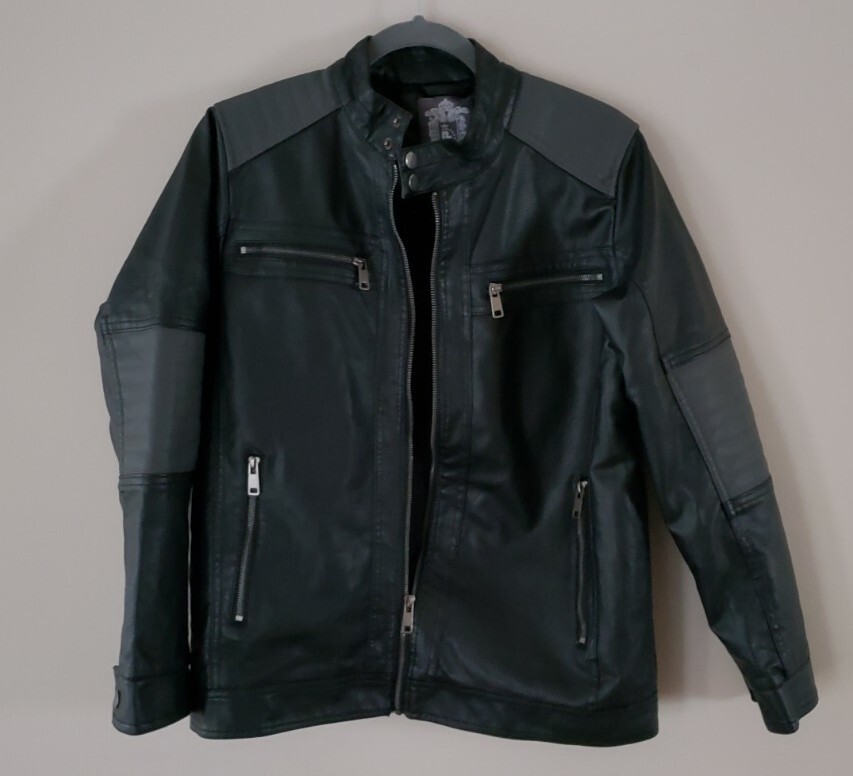 Bleu Grandeur Men's Faux Leather Black Gray Biker Bomber Bleu Grandeur Men's Faux Leather Black Gray Biker Bomber