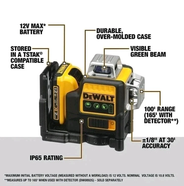 DeWalt DW089LG 12V Green Line 3 x 360 Laser Level Laser Battery + Charger - Image 2 of 4