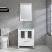 24" Single Bathroom Vanity Base Wood White Cabinet Tempered Glass top w/Mirror
