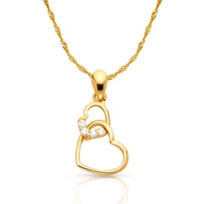 14K Yellow Gold Dual Hearts CZ Charm Pendant & 0.9mm Singapore Chain Necklace
