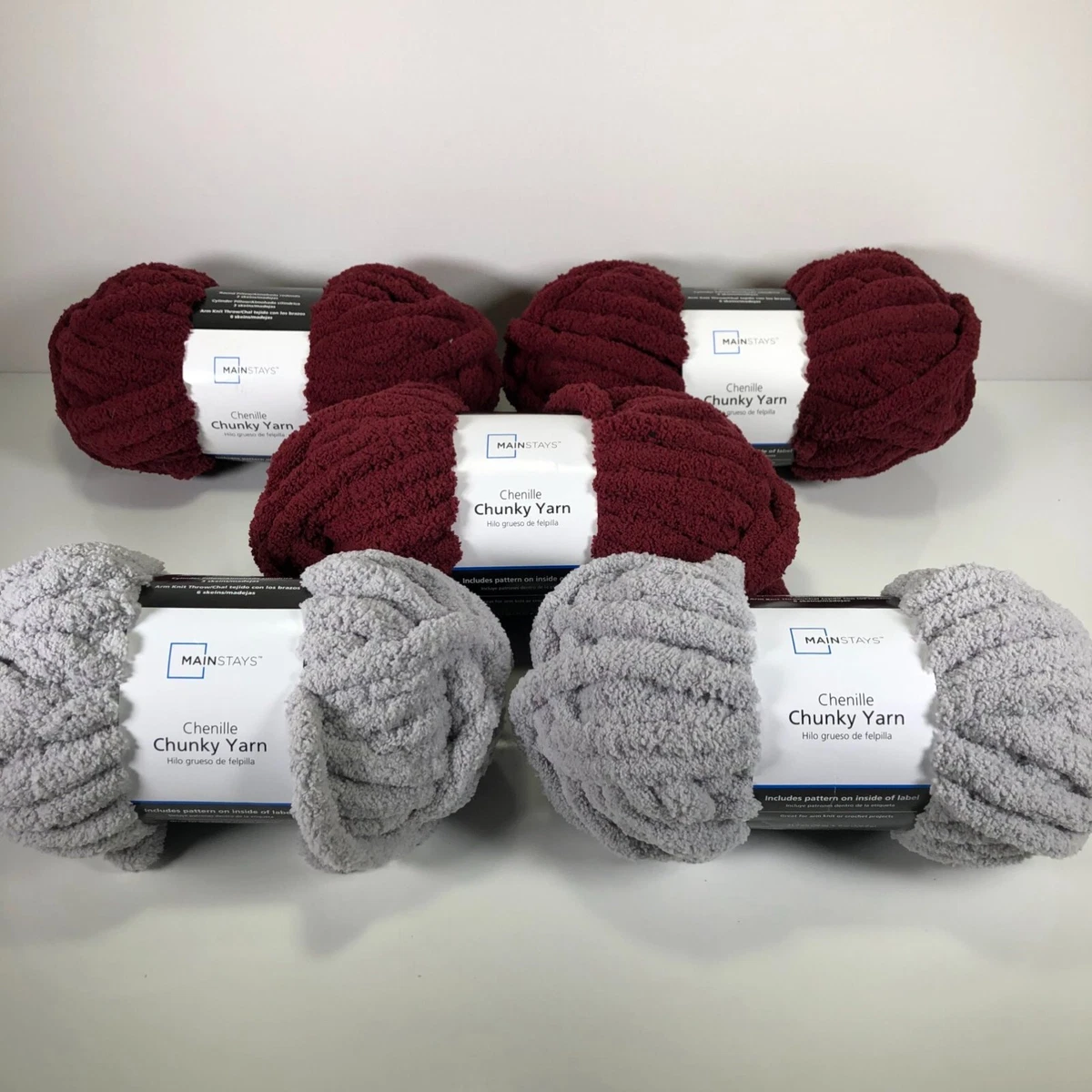 Mainstays Chenille Burgundy Soft Silver Gray Chunky Yarn (31.7 yds ea.) Lot  of 5