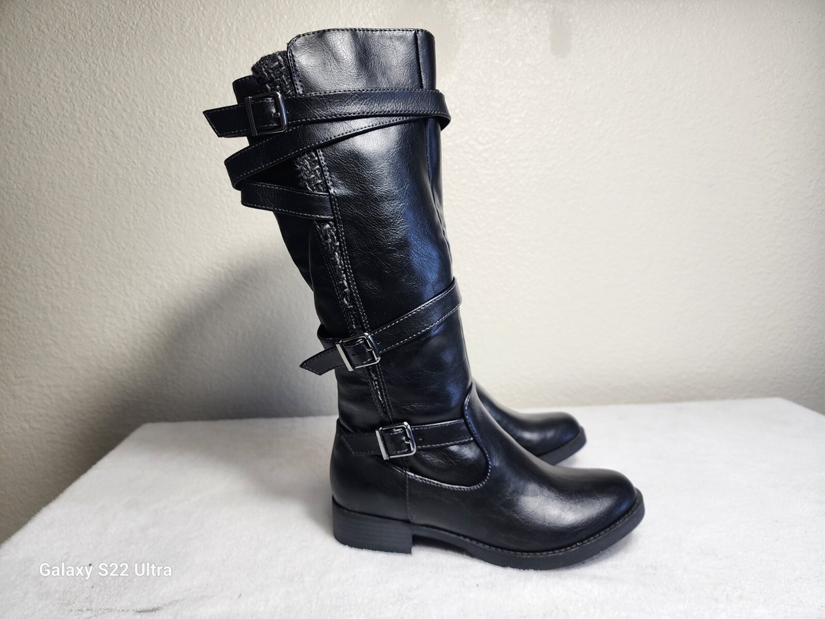 JELLY POP Women's Boots Leather Buckle Zipper Design Knee High Black Size  M