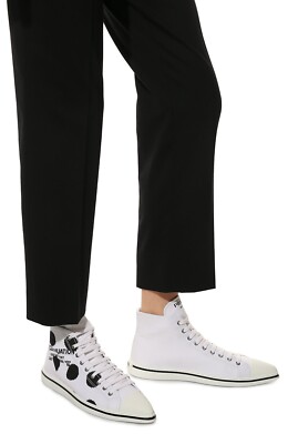 PRADA 1T618M WHITE BLACK POLKA CANVAS LOGO POINTY CAP HIGH TOP