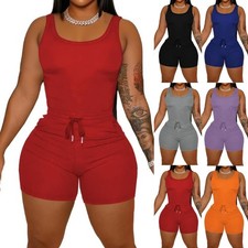 Womens Summer 2Pcs Outfits Sleeveless Tank Tops Biker Short Workout Jogger Sets