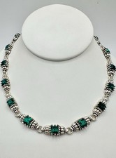 VTG Silver Tone Link Necklace Green Glass Holiday Unsigned 16-18in India? Read