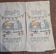 2 Kitchen Towels Embroidered  Towel  White Dish towel HAPPY CAMPER
