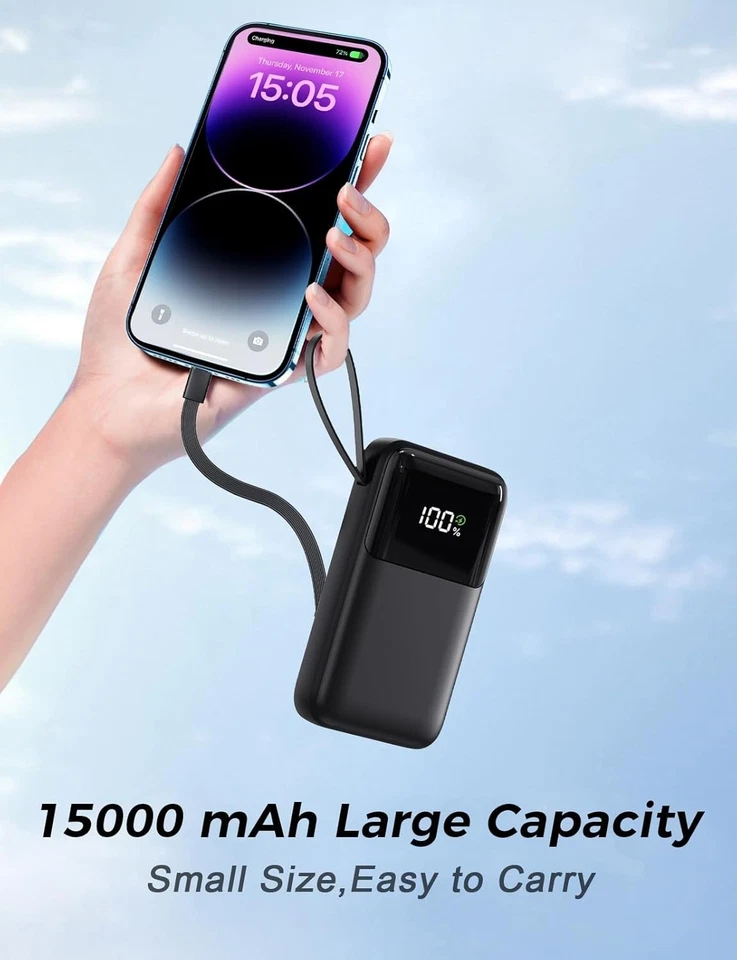 移动电源, 15000mAh 便携式充电器 带内置电缆,22.5W 快速充电 — 第 4/4 张图片