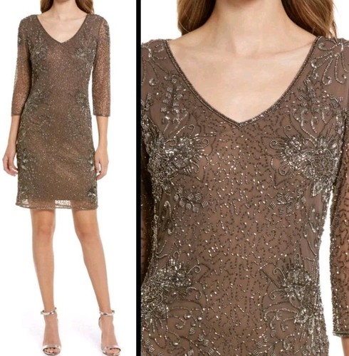 NWT Nordstrom Pisarro Nights Beaded V Neck Cocktail Midi Dress Brown Sz 12 Party - Picture 20 of 24