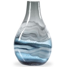 Andrea 14" Hand Blown Blue Glass Vase, Unique Coastal Swirls