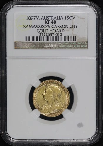 1897M Australia Gold Sovereign NGC XF-40 Samaszko's Carson City Gold Hoard Label